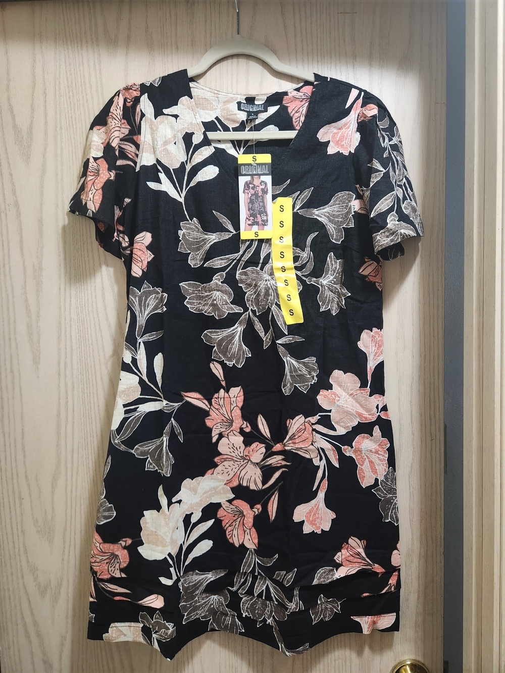 Nicole Miller Black Floral Midi Dress with Pink & Cream Blooms